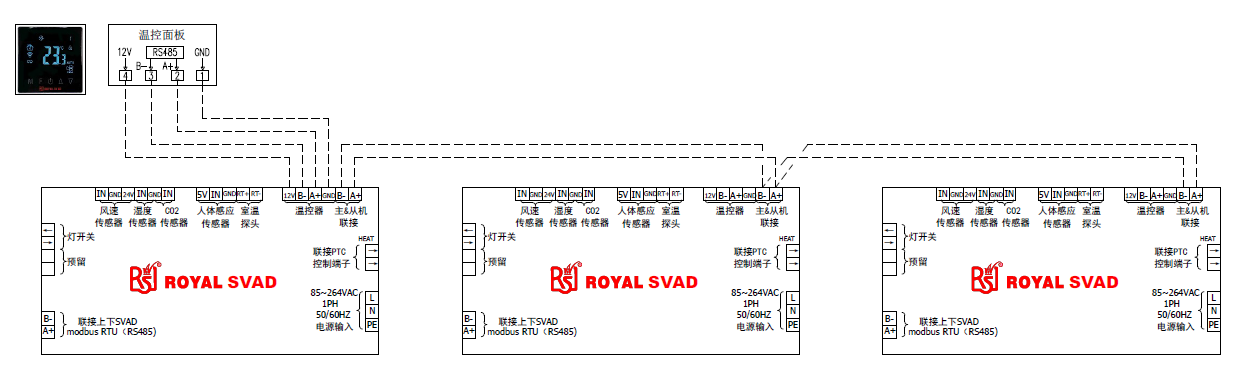 一台温控面板连接多台SVAD的接线图